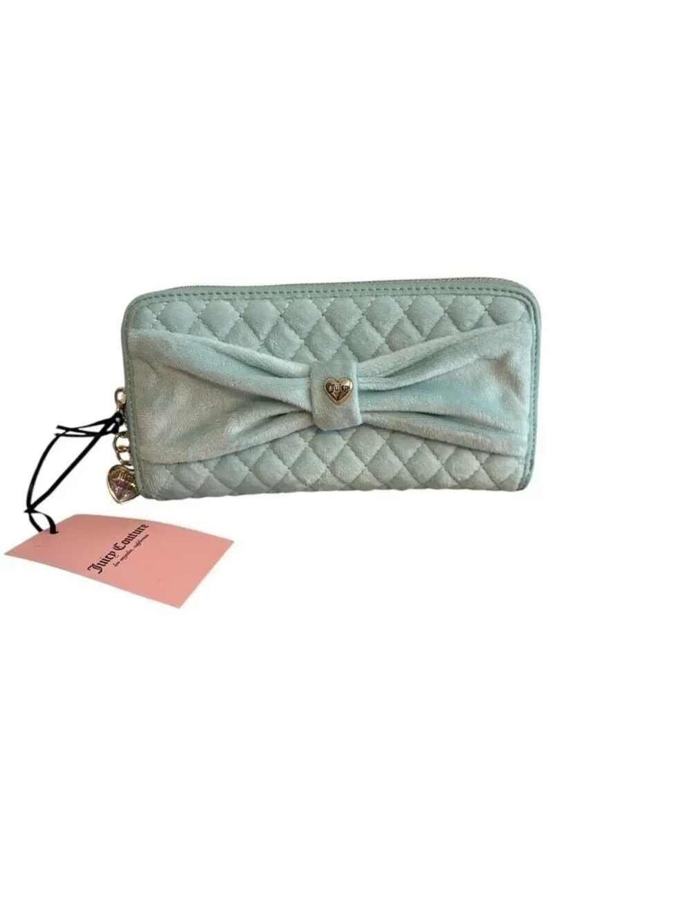 Juicy Couture Light Blue Quilted Bow Wallet Plush Goldtone Hardware New